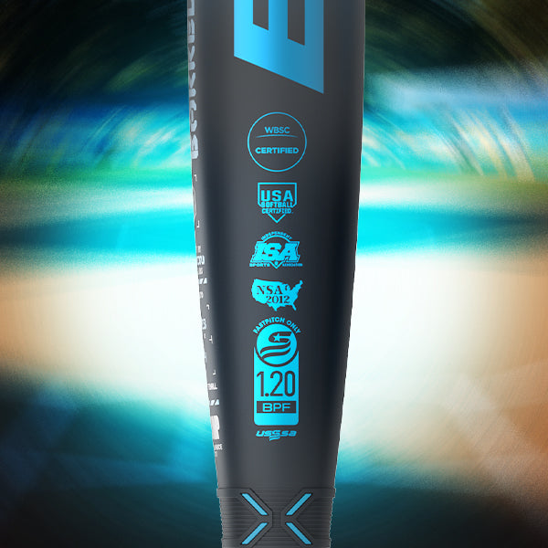 Close-up of a black and blue baseball or softball bat displaying several certification logos and markings, including WBSC CERTIFIED and 1.20 BPF, against a blurred, colorful background.