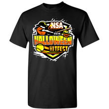 The DSG Apparel 2025 NSA Halloween Hitfest Fastpitch Tournament T-Shirt features a vibrant graphic with a softball player, bat, pumpkin, and yellow softball—a must-have for fans and players.