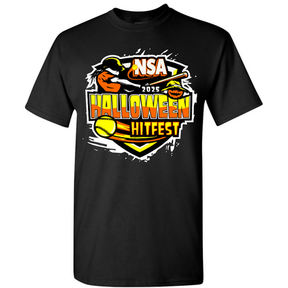 The DSG Apparel 2025 NSA Halloween Hitfest Fastpitch Tournament T-Shirt features a vibrant graphic with a softball player, bat, pumpkin, and yellow softball—a must-have for fans and players.