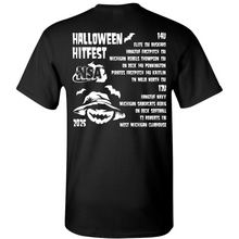 The DSG Apparel 2025 NSA Halloween Hitfest Fastpitch Tournament T-Shirt features white team lists, age groups, a jack-o-lantern, bats, and the NSA logo—perfect for showing your spirit at the big event!.
