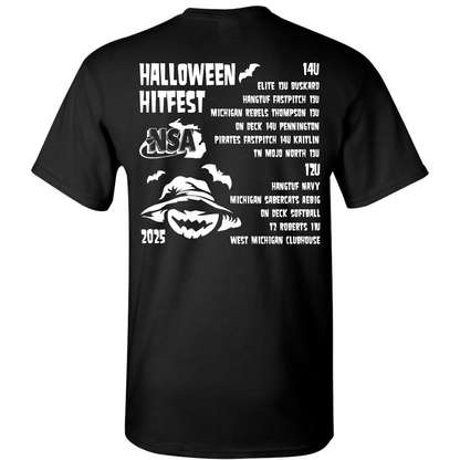 The DSG Apparel 2025 NSA Halloween Hitfest Fastpitch Tournament T-Shirt features white team lists, age groups, a jack-o-lantern, bats, and the NSA logo—perfect for showing your spirit at the big event!.
