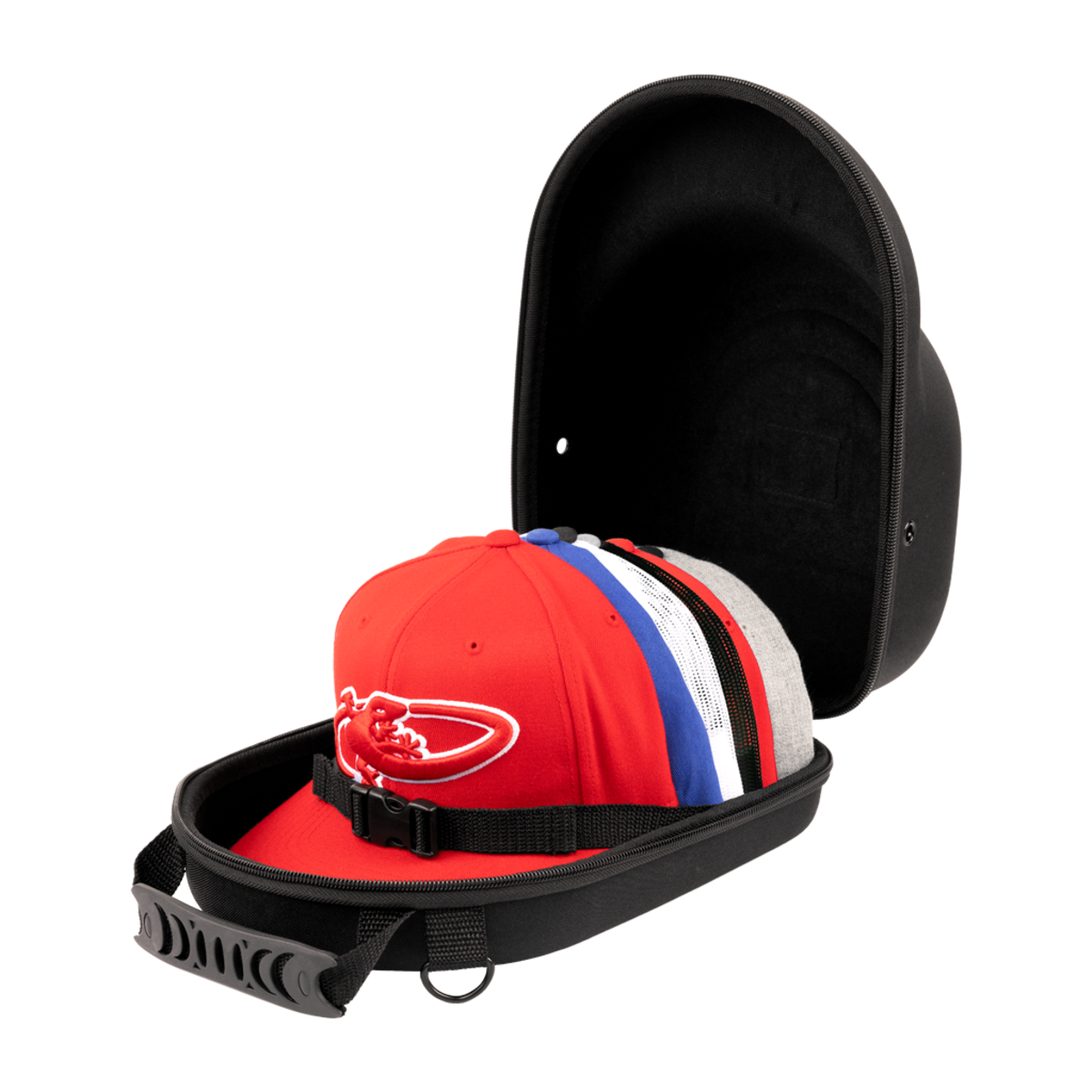 The Lizard Skins Hat Guardian: HATGD100 is a black, crush-proof hat case with a handle and interior strap, shown open to display several colorful baseball caps inside. The protective case is set against a plain background.