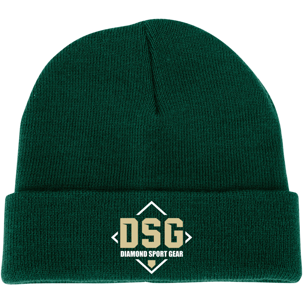 The Champro Sports Diamond Sport Gear DSG Polar Cuff Beanie (HBE1-DSG) in dark green features a folded brim and the DSG Diamond Sport Gear logo in vegas gold and white text embroidered on the front.