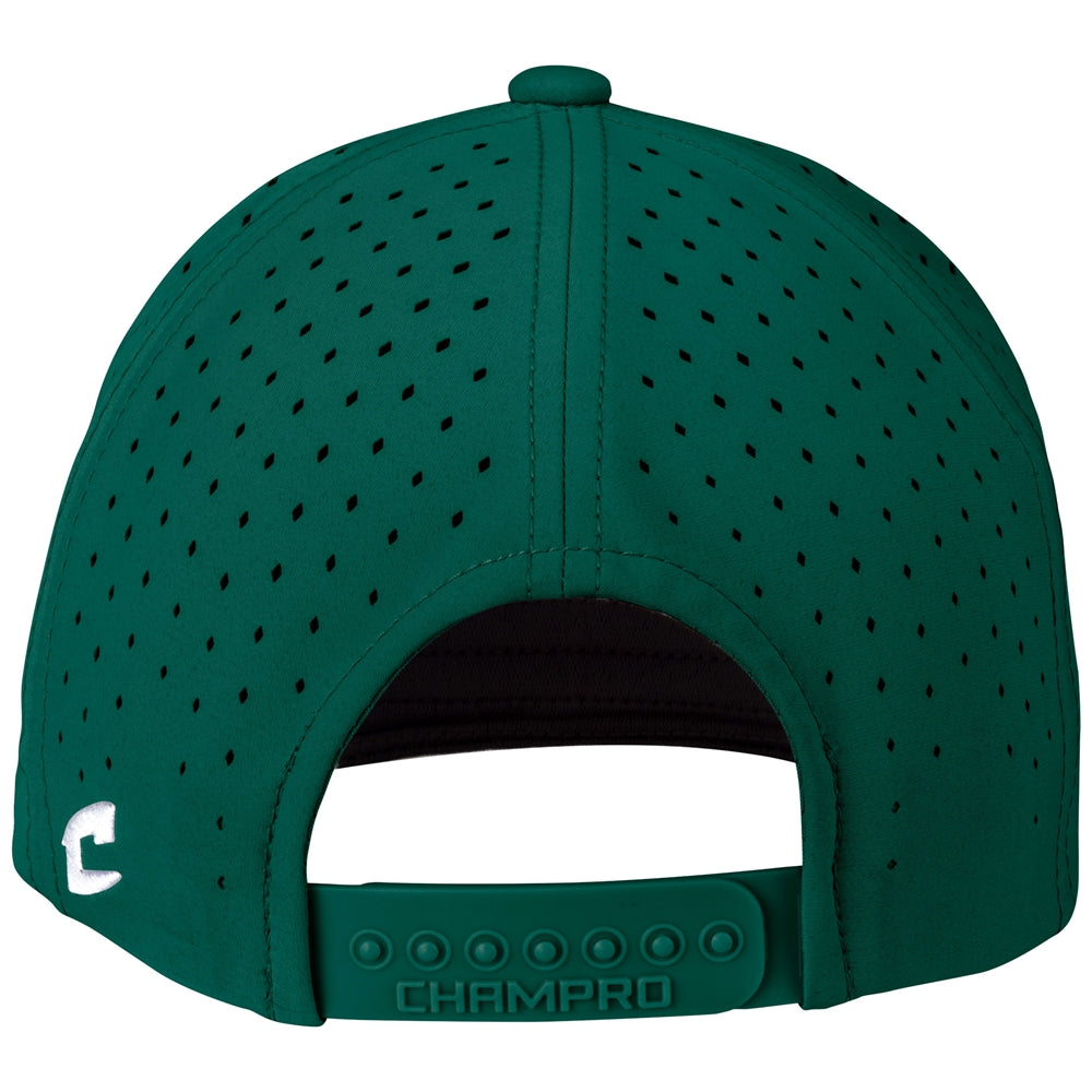 The Champro Sports Diamond Sport Gear DSG Ultima Snapback Hat (HC10-DSG) is a green cap with ventilation holes, an adjustable snapback strap featuring CHAMPRO, a white stitched C logo on the left, and moisture-wicking stretch fabric.