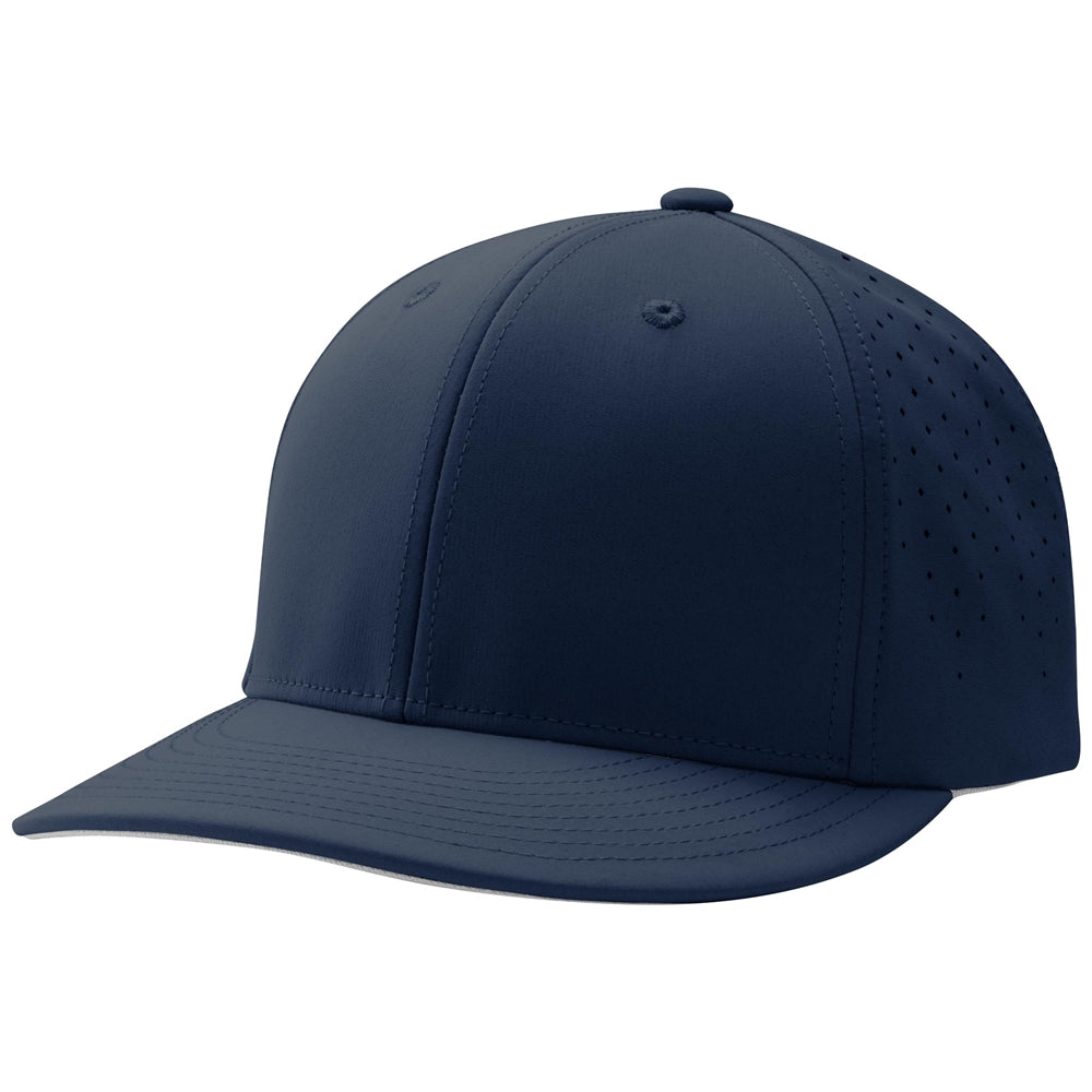 The Champro Sports Champro Ultima Fitted Umpire Hat: HC1 is a navy blue cap with a curved brim, moisture-wicking sweatband, and ventilated side panels, shown on a white background.