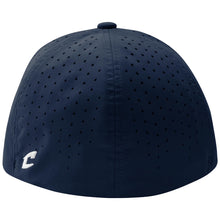 The Champro Sports Champro Ultima Fitted Umpire Hat: HC1 is a navy comfort stretch cap with ventilation holes, a moisture-wicking sweatband, and a white embroidered letter C on the lower left back.