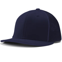 The Champro Flex Fit Trucker Umpire Hat: HC3 by Champro Sports is a plain navy pro-style cap with a flat brim, mesh back panels, and C-FIT comfort stretch for a secure fit, shown against a white background.
