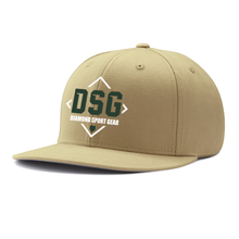 The Champro Sports Diamond Sport Gear DSG Pennant Snapback Hat (HC4-DSG) is a tan baseball cap with green 3D embroidered "DSG," white "Diamond Sport Gear" below, and a white diamond outline on the front.
