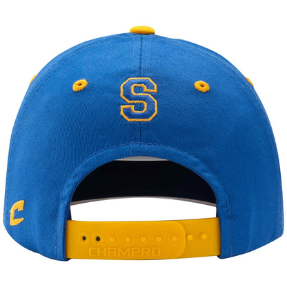 A blue Diamond Sport Gear DSG Pennant Snapback Hat by Champro Sports, shown from the back with a yellow adjustable strap, yellow eyelets, and a yellow “S” embroidered on the back. CHAMPRO is embossed on the strap.