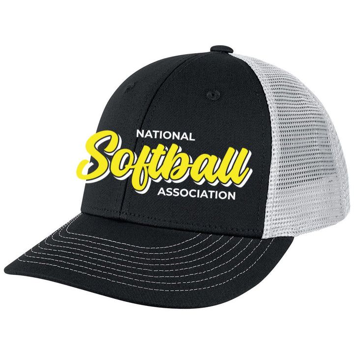 The Champro Sports NSA Script Low Profile Trucker Hat (HC8-NSAS) features a black-white design with bold yellow and white National Softball Association lettering—ideal for displaying your Softball Lifestyle.