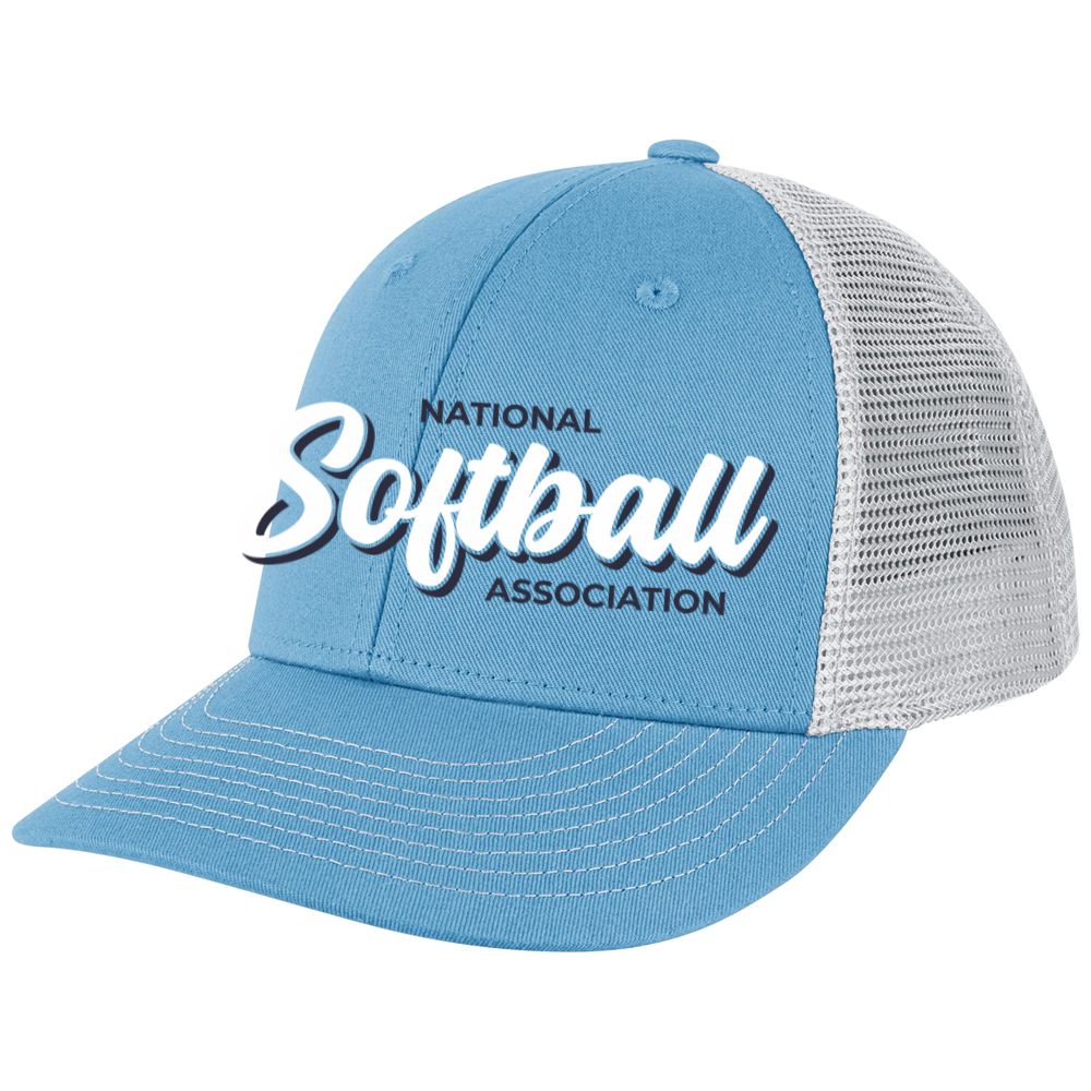 Show your Softball Lifestyle with the Champro Sports NSA Script Low Profile Trucker Hat (HC8-NSAS), a stylish light blue-white snapback featuring "National Softball Association" on the front in bold and script lettering.