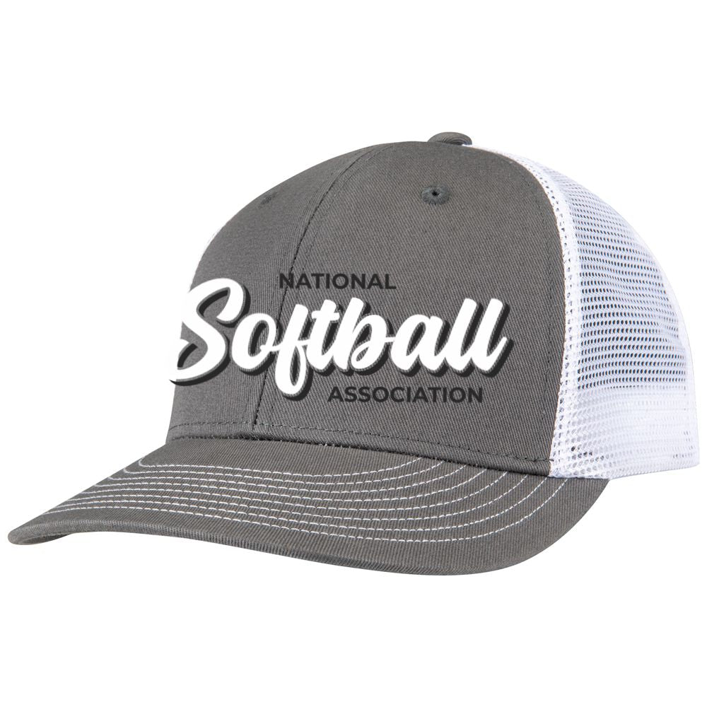 The Champro Sports NSA Script Low Profile Trucker Hat (HC8-NSAS) in Heather Grey-White features "National Softball Association" on the front—an ideal snapback cap for showcasing your Softball Lifestyle.