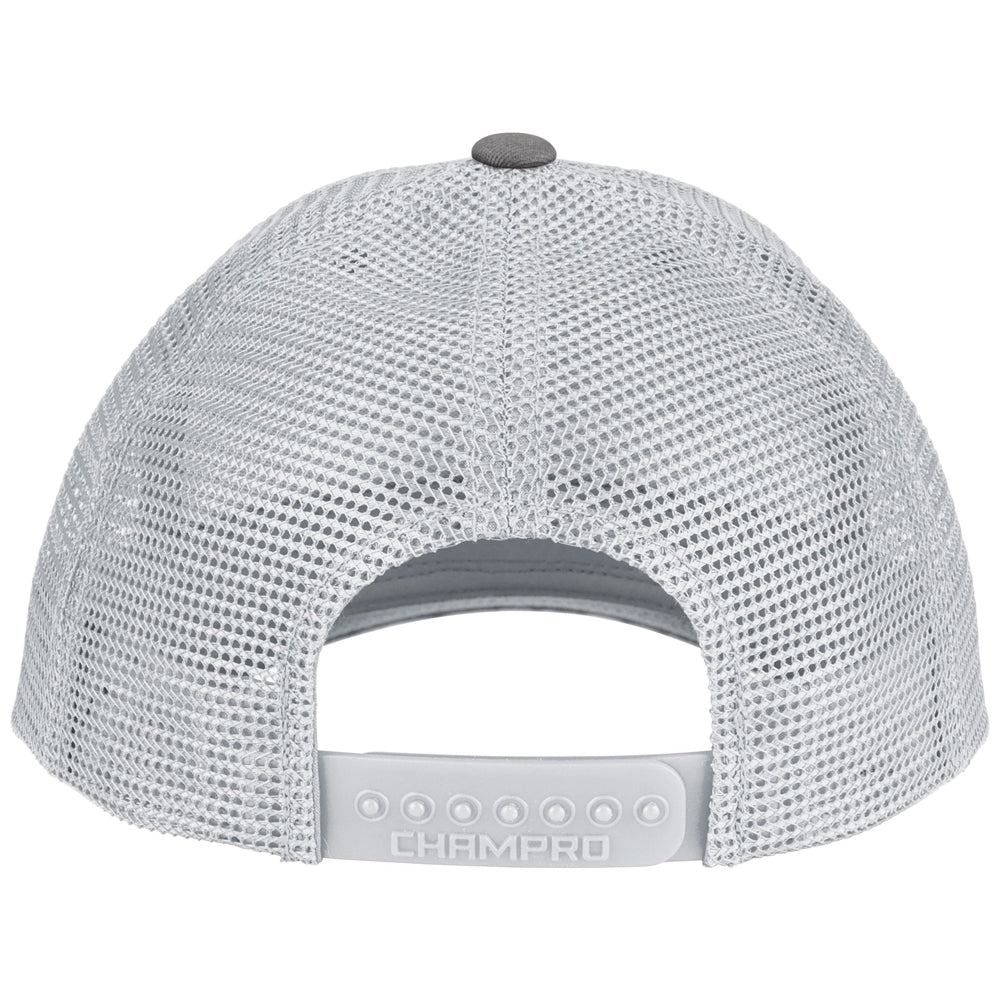 Back view of the Champro Sports NSA Script Low Profile Trucker Hat (HC8-NSAS) in light gray mesh with an adjustable snapback strap; CHAMPRO imprinted on the closure—ideal for National Softball Association or Softball Lifestyle fans.