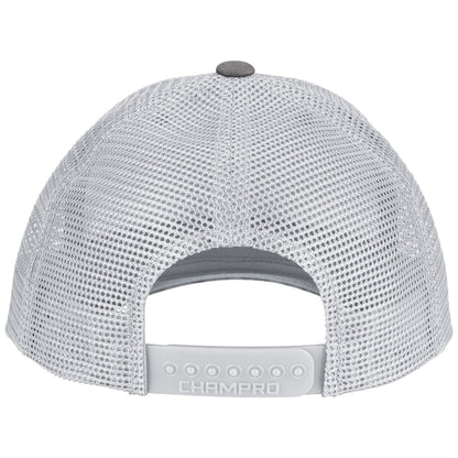 Back view of the Champro Sports NSA Script Low Profile Trucker Hat (HC8-NSAS) in light gray mesh with an adjustable snapback strap; CHAMPRO imprinted on the closure—ideal for National Softball Association or Softball Lifestyle fans.