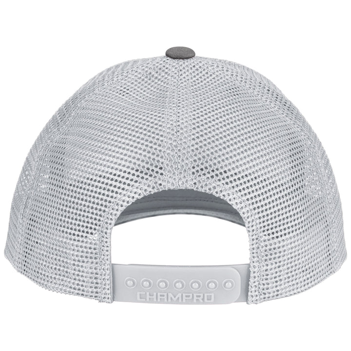 Back view of the Champro Sports NSA Script Low Profile Trucker Hat (HC8-NSAS) in light gray mesh with an adjustable snapback strap; CHAMPRO imprinted on the closure—ideal for National Softball Association or Softball Lifestyle fans.