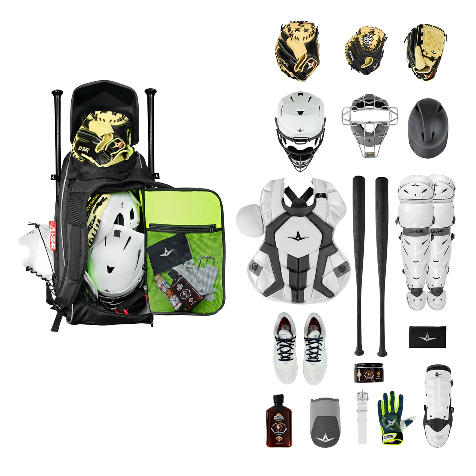 A complete set of catcher’s gear, including gloves, helmet, chest protector, leg guards, bats, shoes, All Star MVP PRO Series Catcher's Backpack: BBCBP gear bag, water bottle, wristbands, socks, and a green and black glove.