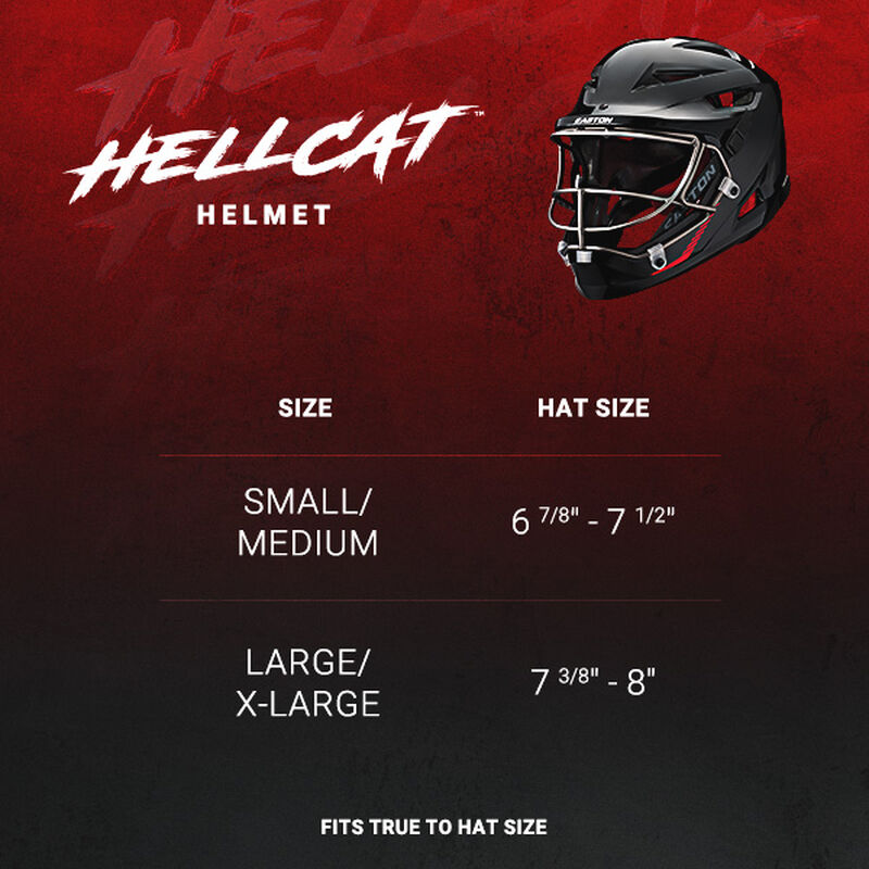 A sizing chart for the Easton Hellcat Stars & Stripes Slowpitch Fielding Helmet (EPR05) from Easton shows a black helmet: Small/Medium fits hat sizes 6 7/8–7 1/2, Large/X-Large fits 7 3/8–8. Text: “Fits true to hat size” on a red and black background.