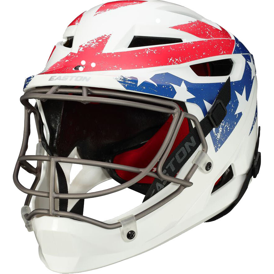 The Easton Hellcat Stars & Stripes Slowpitch Fielding Helmet (EPR05) features a white shell with a distressed red, white, and blue American flag design, gray face guard, and Easton branding—a stylish protective helmet for any player.