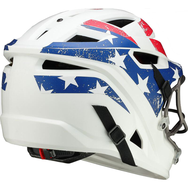 The Easton Hellcat Stars & Stripes Slowpitch Fielding Helmet (EPR05) by Easton features a white shell with blue and red graphics, white stars like the American flag, black straps, and a metal face guard for enhanced protection.