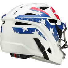The Easton Hellcat Stars & Stripes Slowpitch Fielding Helmet (EPR05) by Easton features a white shell with blue and red graphics, white stars like the American flag, black straps, and a metal face guard for enhanced protection.