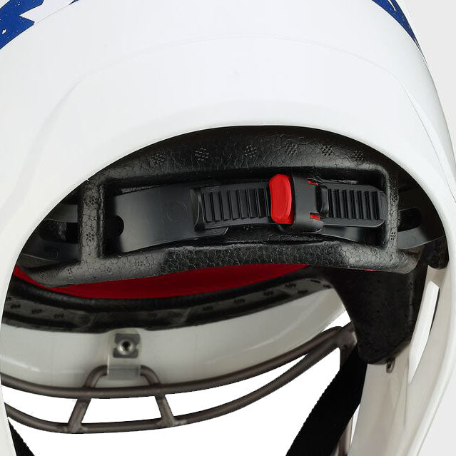 Close-up of the inside of the Easton Hellcat Stars & Stripes Slowpitch Fielding Helmet (EPR05), showing adjustable black/red chin strap, padding, and part of the metal face cage in this protective Easton baseball helmet.