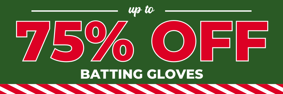 Banner with green background reads up to 75% OFF BATTING GLOVES in bold red and white text. Red and white diagonal stripes run along the bottom edge of the banner.