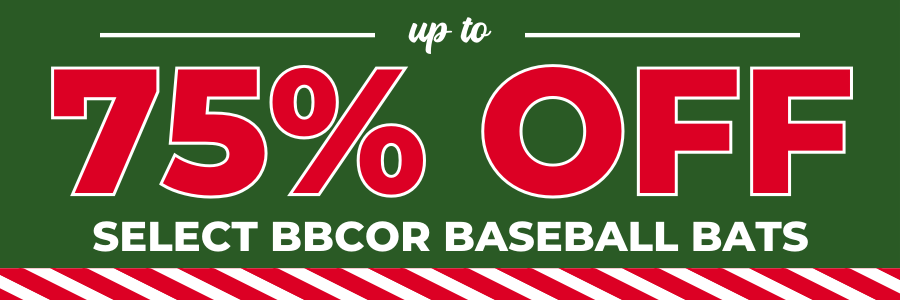 Green banner with large text: Up to 75% OFF in red and white, and below in white text: Select BBCOR Baseball Bats. Red and white striped border at the bottom.