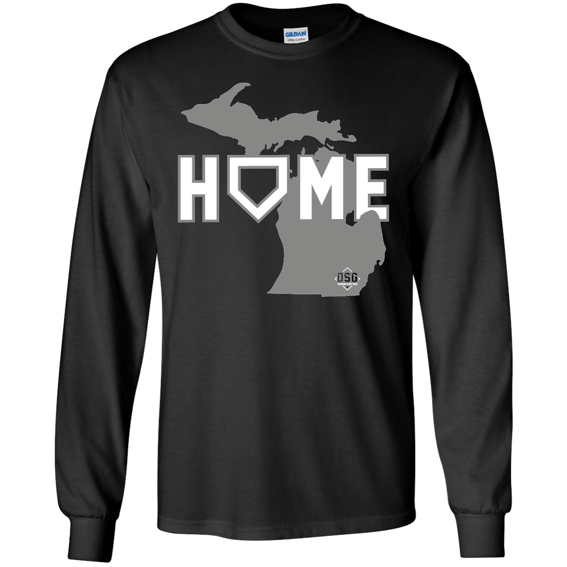 The DSG Apparel Home (Michigan) T-Shirt (DSG-HOME-MI) is a black long-sleeve cotton tee featuring a gray Michigan peninsula outline and "HOME" across the chest, with the "O" as home plate. Classic fit by DSG Apparel for comfort.