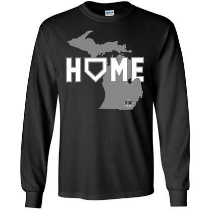 The DSG Apparel Home (Michigan) T-Shirt (DSG-HOME-MI) is a black long-sleeve cotton tee featuring a gray Michigan peninsula outline and "HOME" across the chest, with the "O" as home plate. Classic fit by DSG Apparel for comfort.