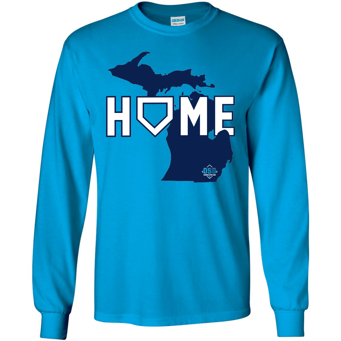 The DSG Apparel Home (Michigan) T-Shirt by DSG Apparel is a bright blue, classic fit long-sleeve shirt featuring Michigan’s Peninsulas and "HOME" above, with the "O" shaped like a home plate. Product code: DSG-HOME-MI.