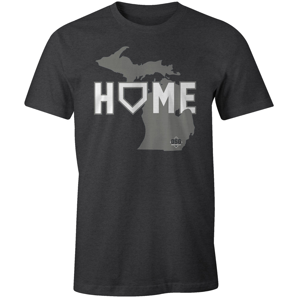 The DSG Apparel Home (Michigan) T-Shirt (DSG-HOME-MI) by DSG Apparel is a dark gray, classic fit tee with a light gray Michigan map and HOME in white, the O shaped like a house.
