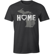 The DSG Apparel Home (Michigan) T-Shirt (DSG-HOME-MI) by DSG Apparel is a dark gray, classic fit tee with a light gray Michigan map and HOME in white, the O shaped like a house.