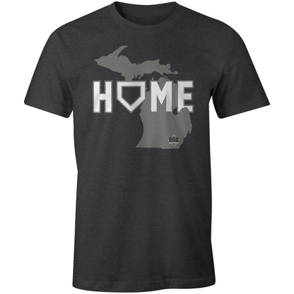 The DSG Apparel Home (Michigan) T-Shirt (DSG-HOME-MI) by DSG Apparel is a dark gray, classic fit tee with a light gray Michigan map and HOME in white, the O shaped like a house.