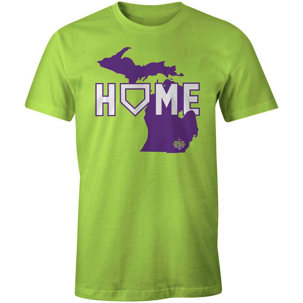 The DSG Apparel Home (Michigan) T-Shirt (DSG-HOME-MI) by DSG Apparel is a classic fit lime green tee with a large purple Michigan outline graphic and the word "HOME" in bold white letters, featuring a home plate-shaped "O.