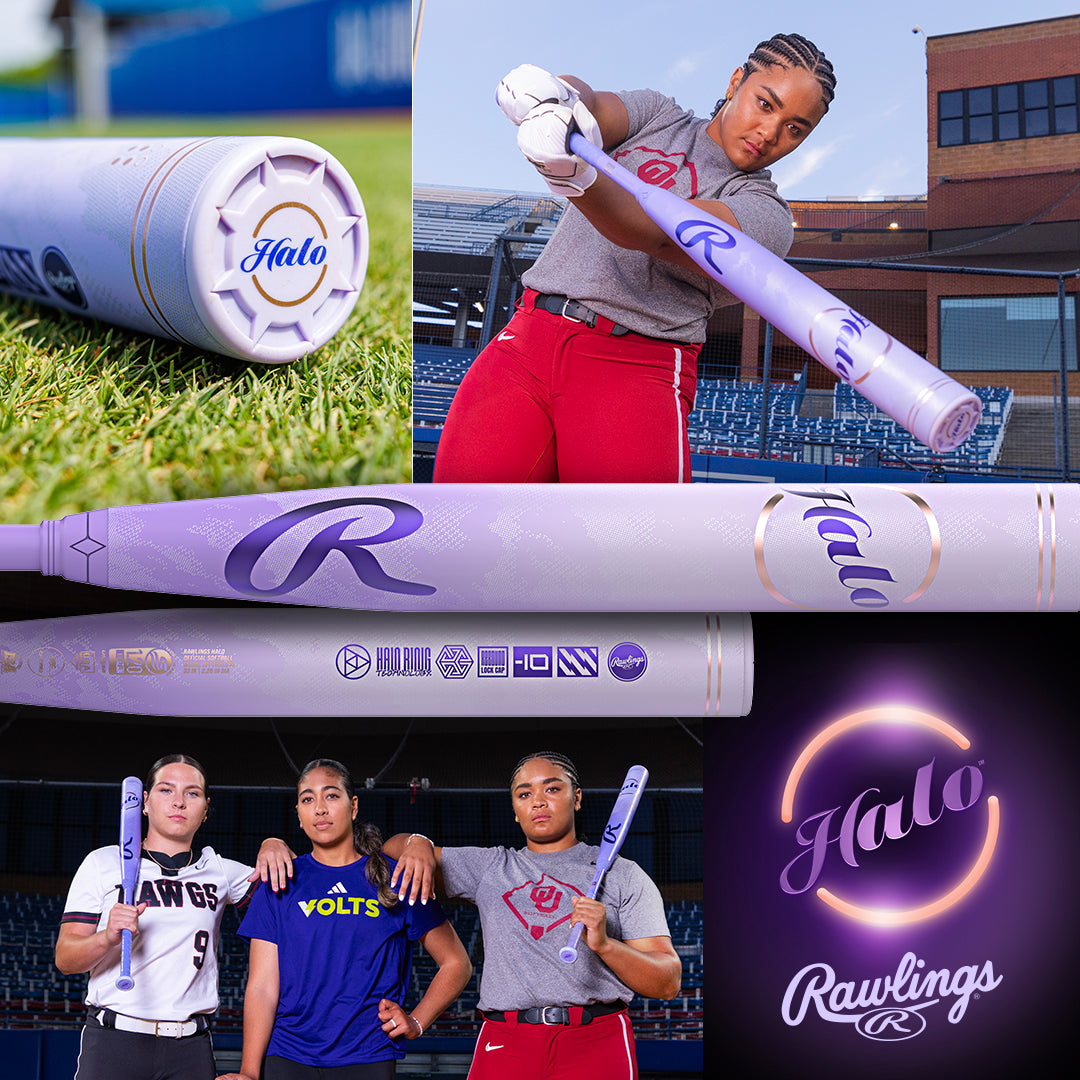 A collage of athletes swinging the 2027 Rawlings Halo (-9) Fastpitch Softball Bat: RFP7HALO9, highlighting its two-piece gapped wall barrel and bold purple Rawlings logos in both close-up and action shots.