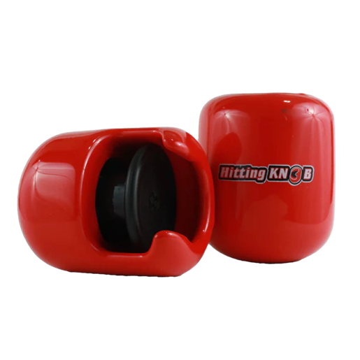 The Hitting Knob Bat Weight by Hitting Knob is a red baseball training aid with a black knob inside that helps improve your bat speed.