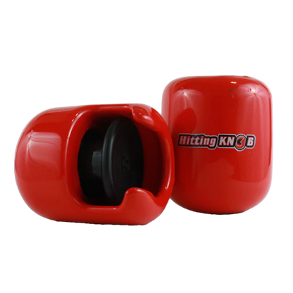 The Hitting Knob Bat Weight by Hitting Knob is a red baseball training aid with a black knob inside that helps improve your bat speed.