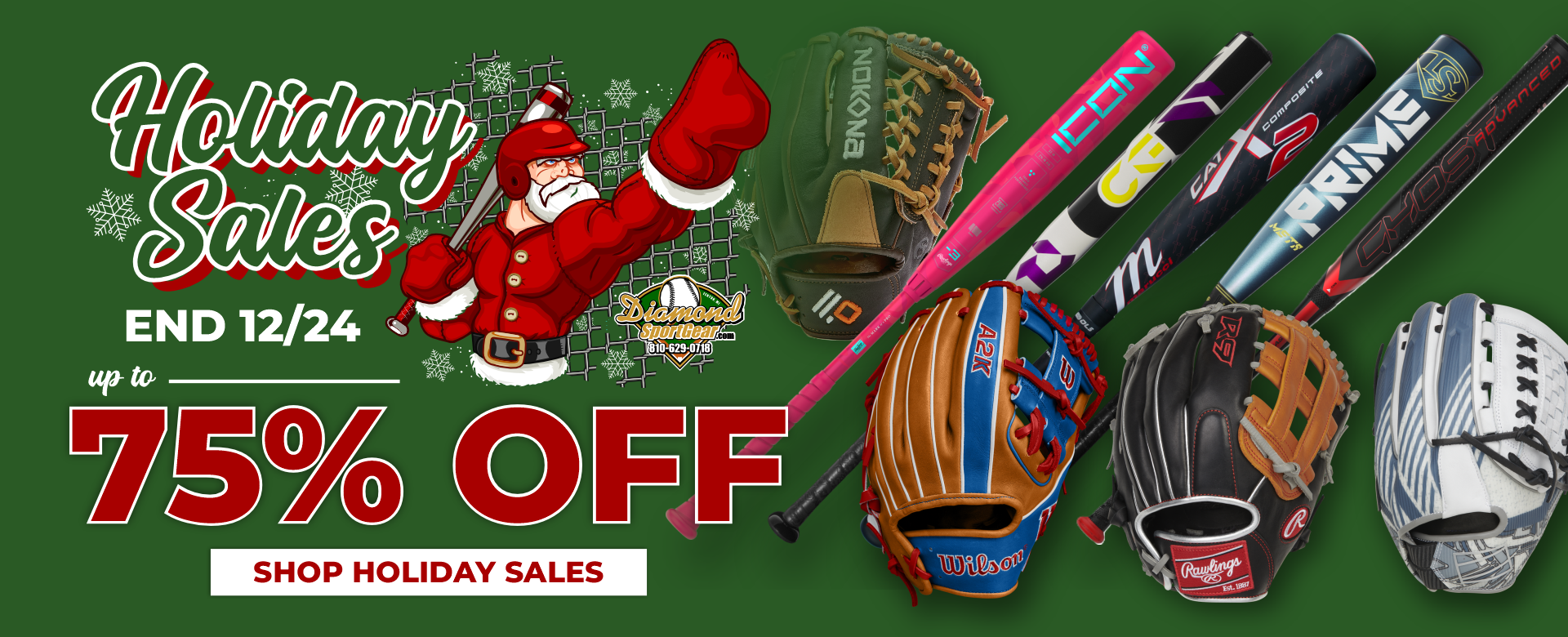 Holiday sales banner with a cartoon Santa flexing his muscles, baseball gloves and bats displayed, white snowflakes on a green background, and text: “Holiday Sales, up to 75% OFF, ends 12/24, Shop Holiday Sales.”.