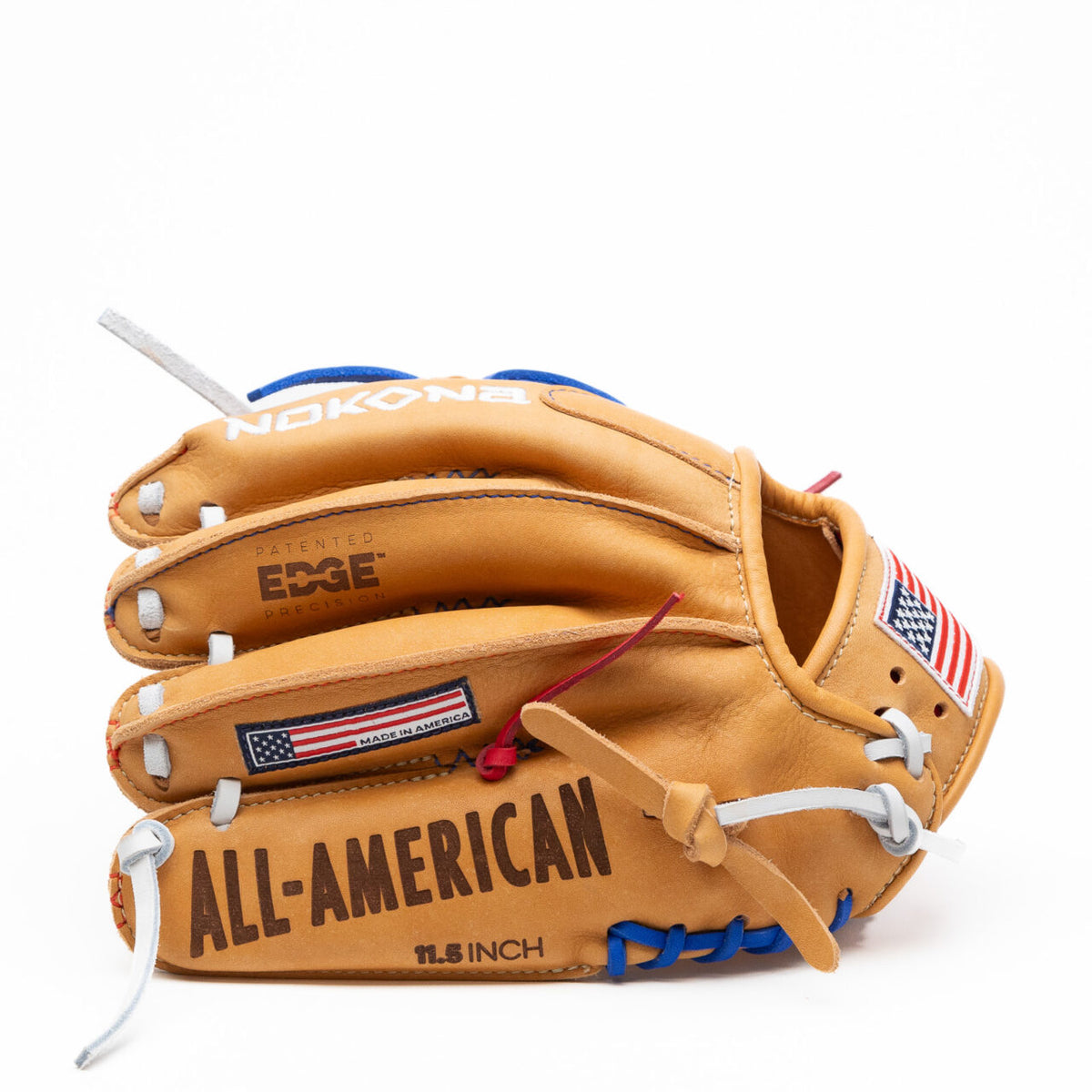Nokona S1 All-American 11.5″ Baseball Glove S1-EP400POP in tan with blue and red laces, featuring American flag patches and text reading All-American 11.5 inch Supersoft Steerhide leather.