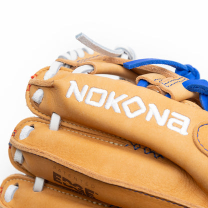 Close-up of a tan Nokona S1 All-American 11.5″ Baseball Glove with white and blue laces, featuring the brand name and Patented Edge stamped on the fingers of this Supersoft Steerhide leather infield model.