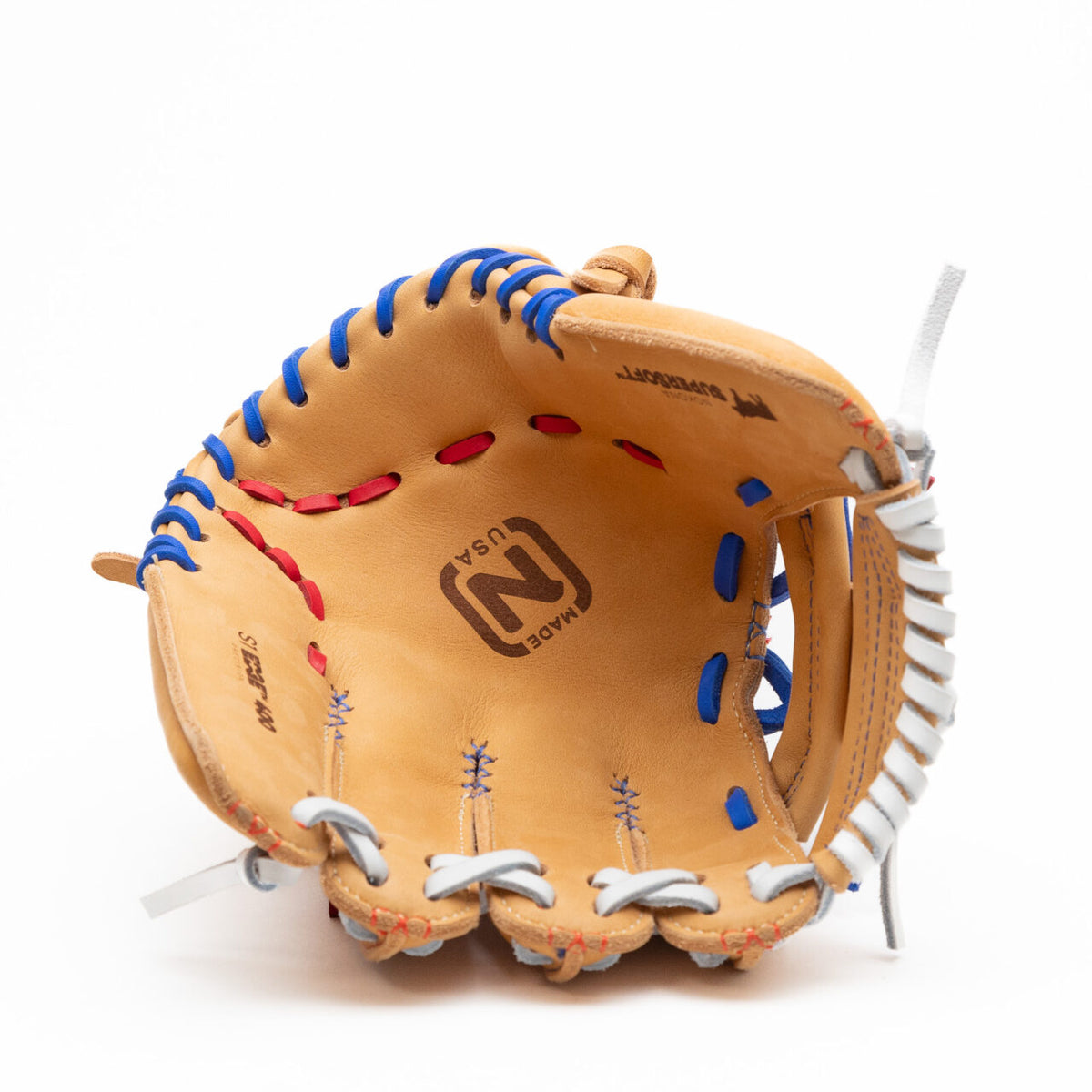 Nokona S1 All-American 11.5″ Baseball Glove: S1-EP400POP made of tan Supersoft Steerhide leather with red, white, and blue lacing.