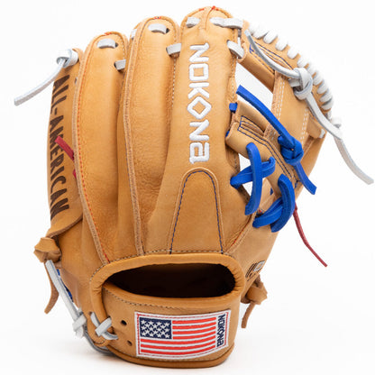 Nokona S1 All-American 11.5″ Baseball Glove: S1-EP400POP in tan supersoft steerhide leather with blue and white laces, featuring All-American printed on the side and a small American flag patch on the wrist of this youth infield glove.