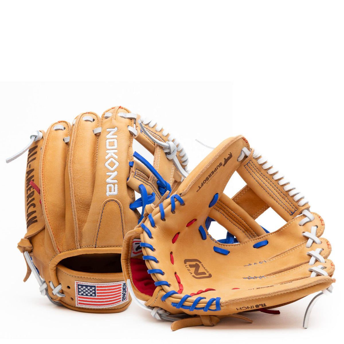 Two tan Supersoft Steerhide Nokona S1 All-American 11.5″ Baseball Glove: S1-EP400POP infield gloves with white and blue laces, an American flag patch, and red and blue accents.