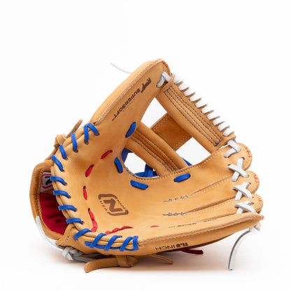 Nokona S1 All-American 11.5″ Baseball Glove: S1-EP400POP made of tan supersoft steerhide leather with blue, white, and red lacing.
