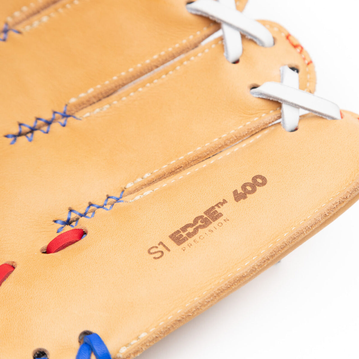 Nokona S1 All-American 11.5″ Baseball Glove: S1-EP400POP in tan Supersoft Steerhide leather, featuring blue and red stitching, white lacing, and S1 EDGE 400 embossed on the palm.