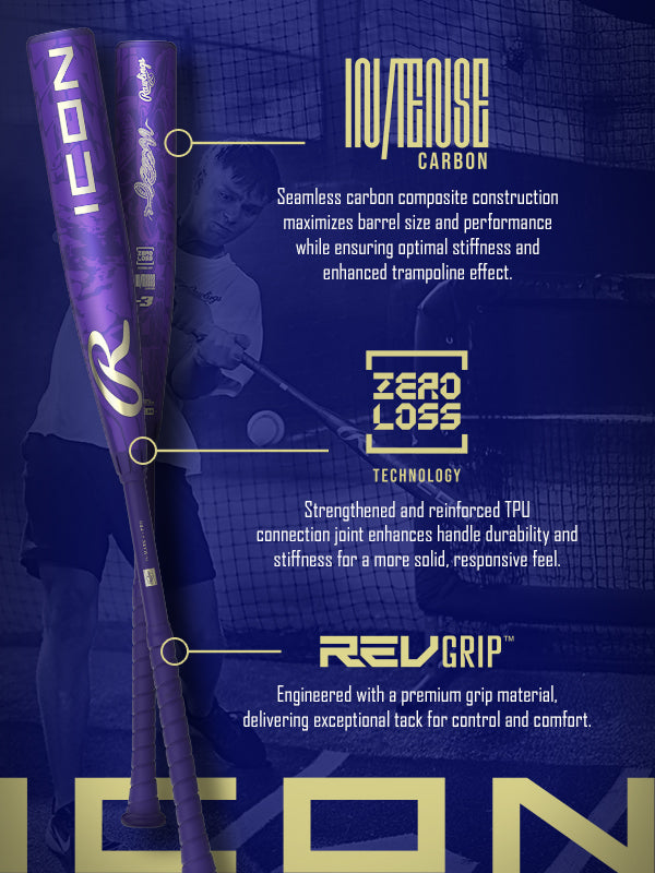 Two purple Rawlings baseball bats with branding and labels are displayed, highlighting features like carbon construction, TPU technology, and a premium grip. Showcasing the latest 2027 Rawlings Icon (-3) BBCOR Baseball Bat: RBB7I3—a high-performance carbon composite bat—a blurred player stands in the background against a netted fence.