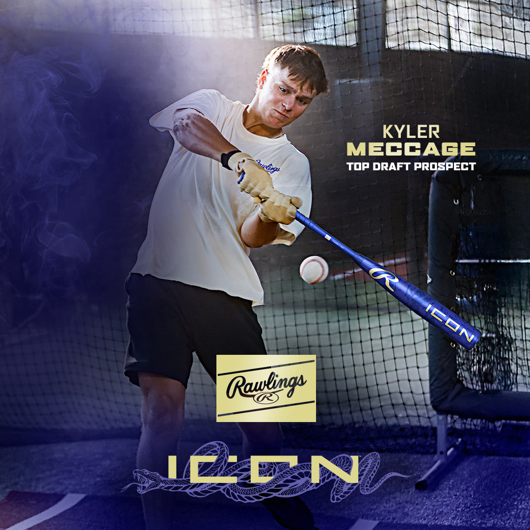 A baseball player swings a 2027 Rawlings Icon (-3) BBCOR Baseball Bat: RBB7I3 at a pitch indoors. Text reads: Kyler Meccage, Top Draft Prospect, and Rawlings Icon, with the Rawlings logo below.