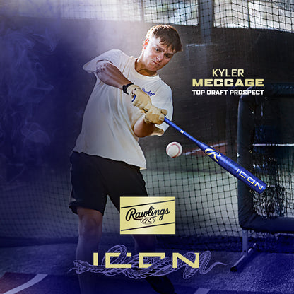 A baseball player swings a 2027 Rawlings Icon (-3) BBCOR Baseball Bat: RBB7I3 at a pitch indoors. Text reads: Kyler Meccage, Top Draft Prospect, and Rawlings Icon, with the Rawlings logo below.
