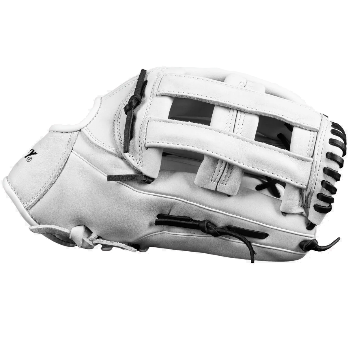 The Dudley 13" Slowpitch Glove: DFG13H by Dudley features white leather, black laces, and an open web design, displayed on a plain white background.