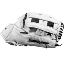 The Dudley 14" Slowpitch Glove: DFG14H by Dudley is a white leather glove with black stitching and laces, displayed side view against a plain white background.
